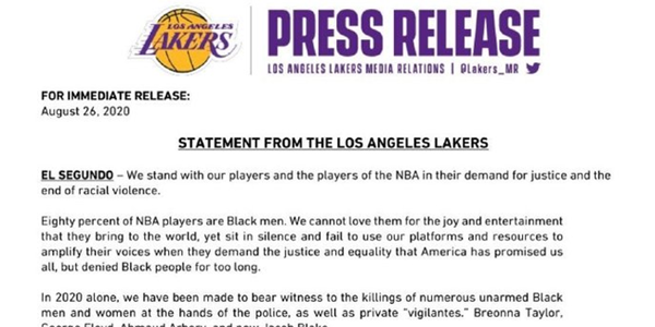 湖人官方声明支持罢赛：我们受够了种族暴力